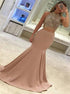 Two Pieces Mermaid Scoop Beading Satin Pink Prom Dress LBQ3314